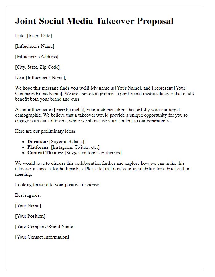 Letter template of joint social media takeover proposal with an influencer