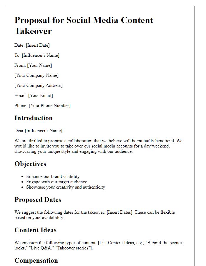 Letter template of proposal for influencer social media content takeover