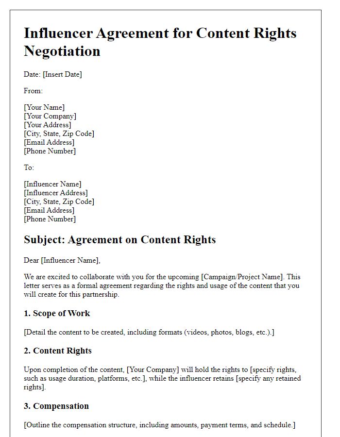 Letter template of influencer agreement for content rights negotiation