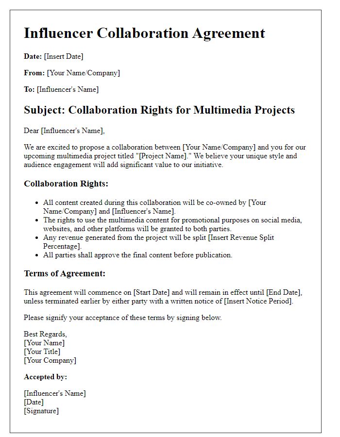 Letter template of influencer collaboration rights for multimedia projects