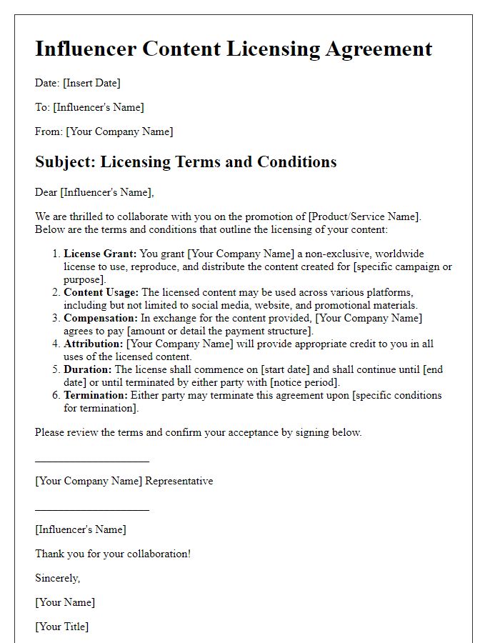 Letter template of influencer content licensing terms and conditions