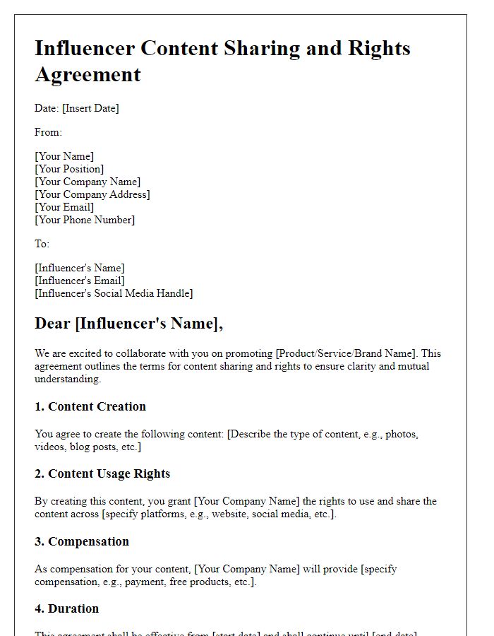 Letter template of influencer content sharing and rights agreement