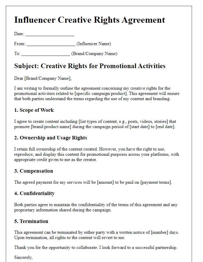 Letter template of influencer creative rights for promotional activities