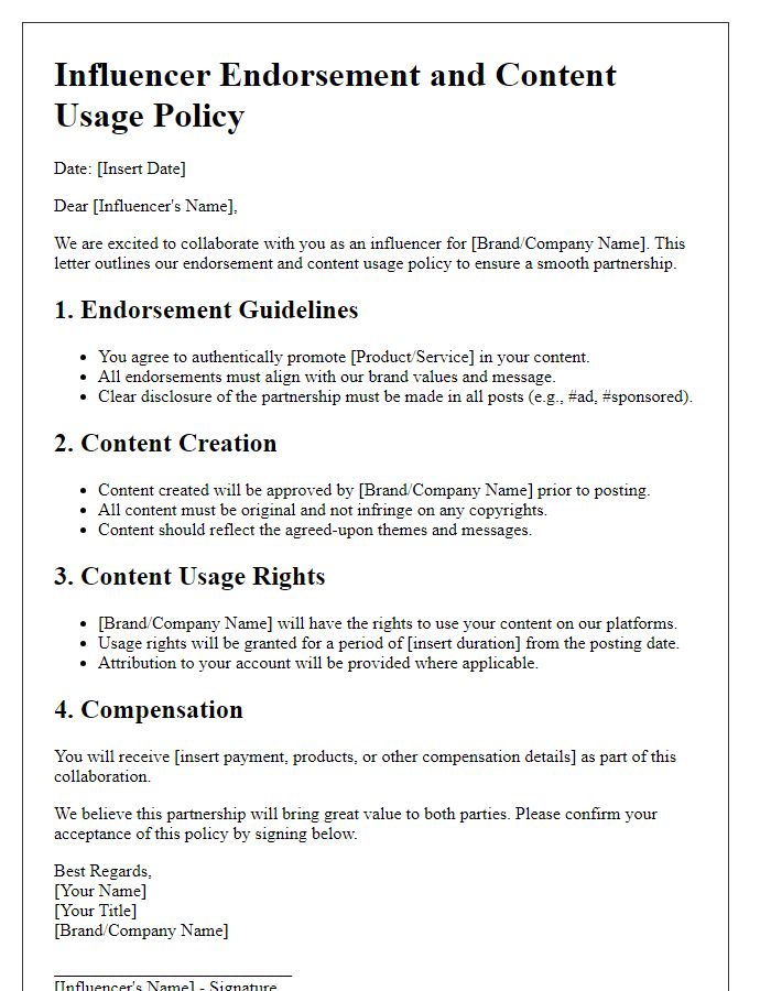 Letter template of influencer endorsement and content usage policy