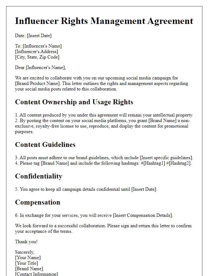 Letter template of influencer rights management for social media posts