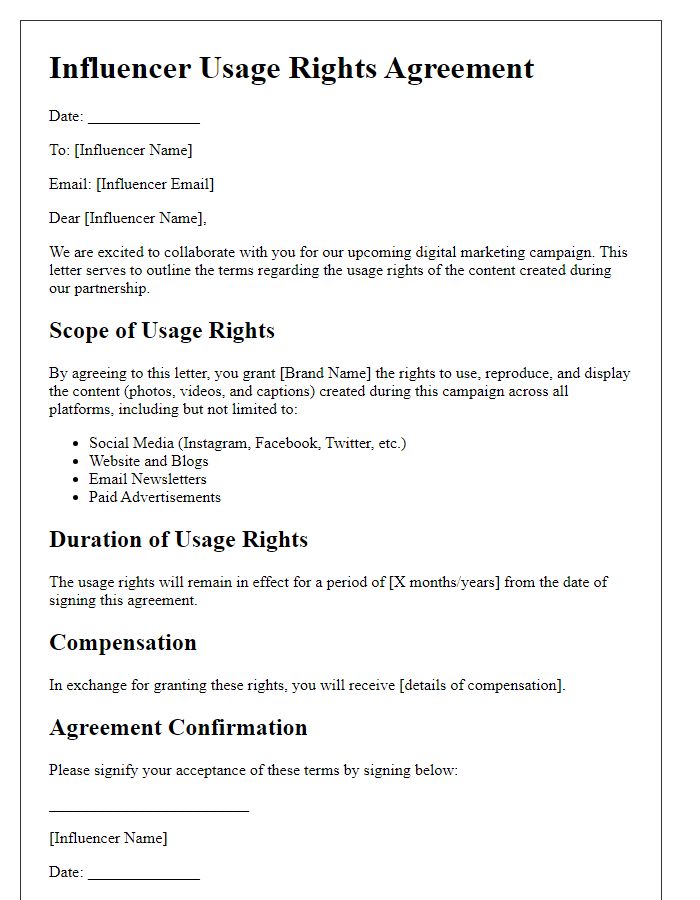 Letter template of influencer usage rights for digital marketing campaigns