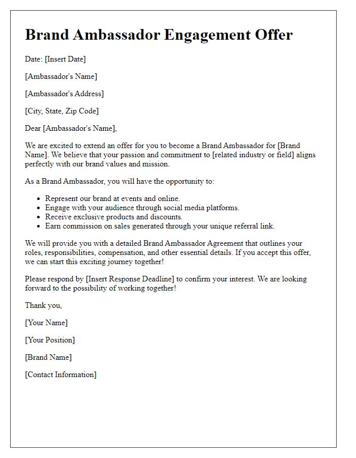 Letter template of brand ambassador engagement offer