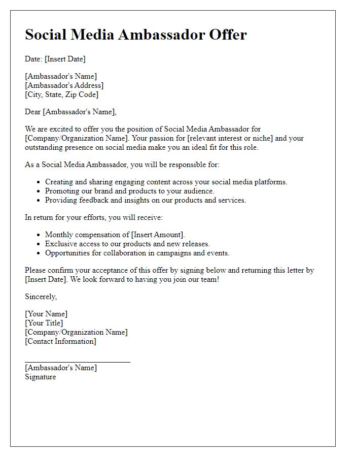 Letter template of social media ambassador offer