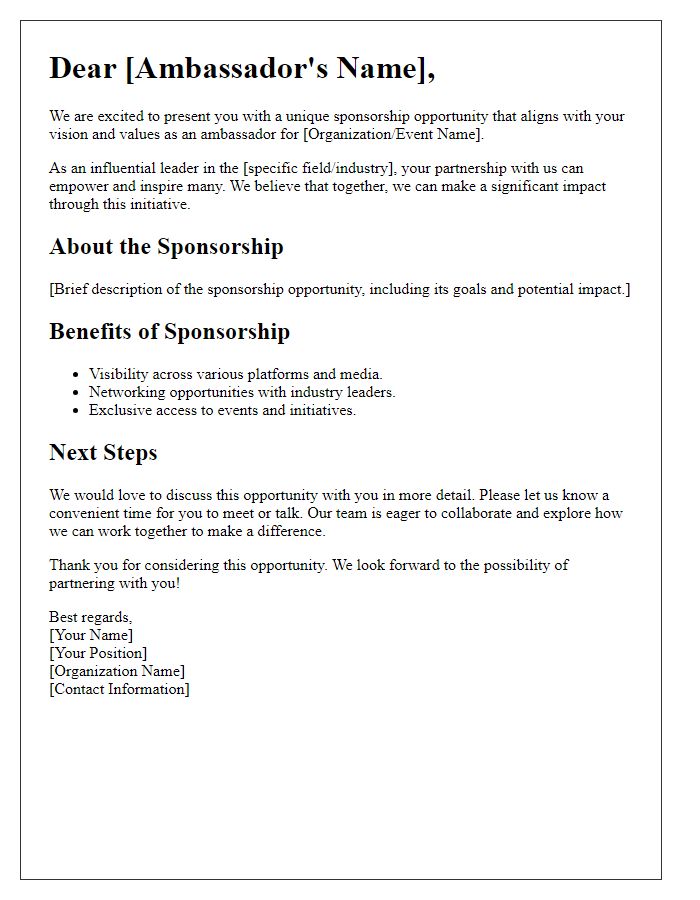 Letter template of sponsorship opportunity for ambassadors