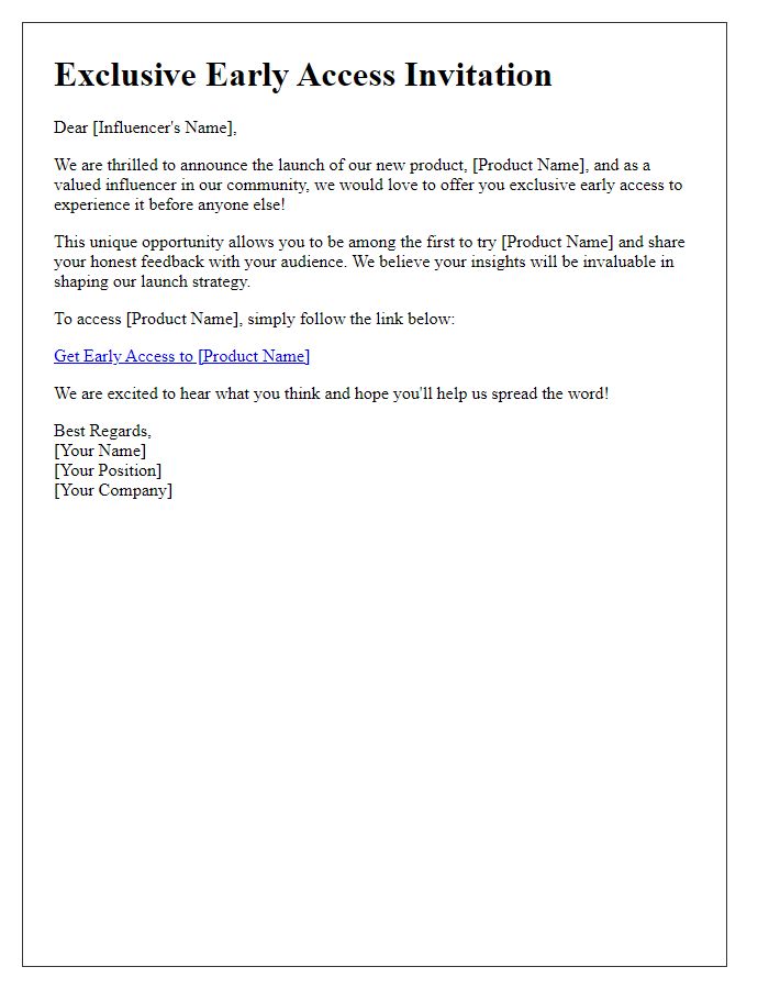 Letter template of exclusive early access to our new product for influencers