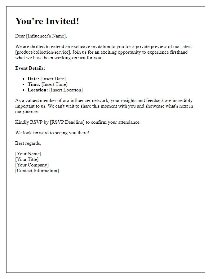 Letter template of exclusive preview invite for our influencer network