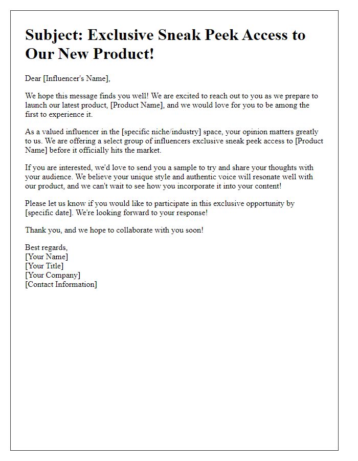 Letter template of influencer engagement for sneak peek product access