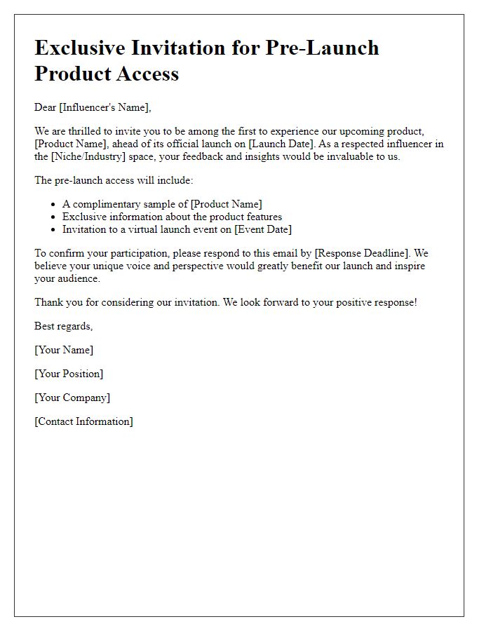 Letter template of influencer invitation for pre-launch product access