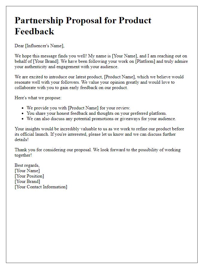 Letter template of influencer partnership for early product feedback