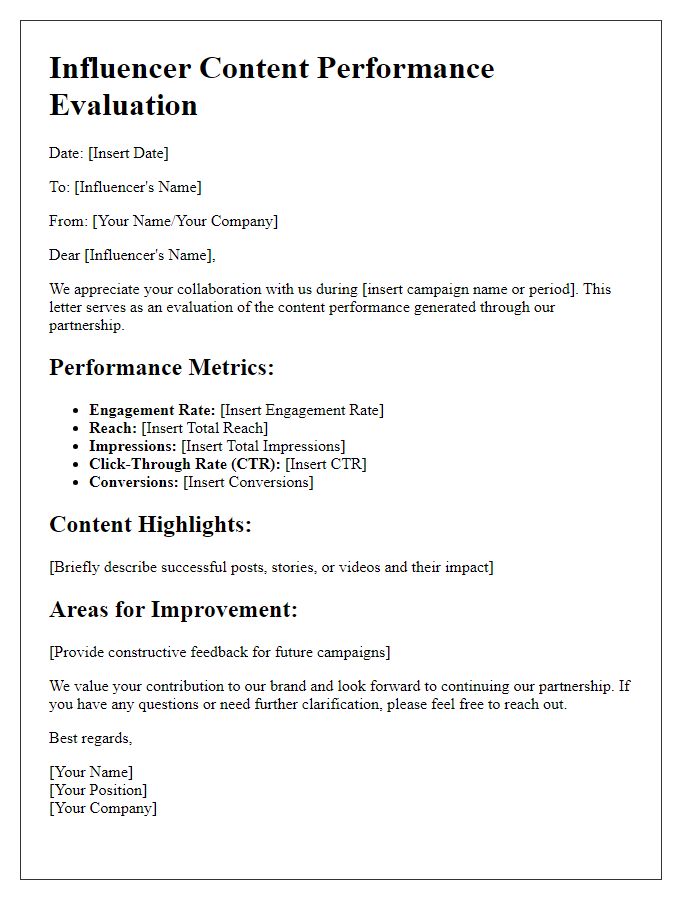 Letter template of influencer content performance evaluation