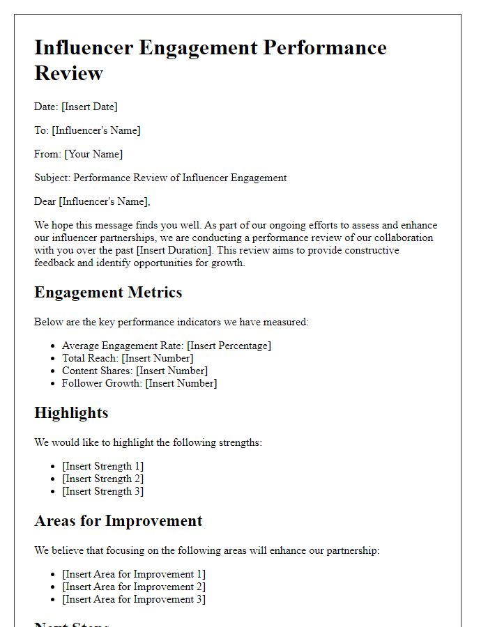 Letter template of influencer engagement performance review