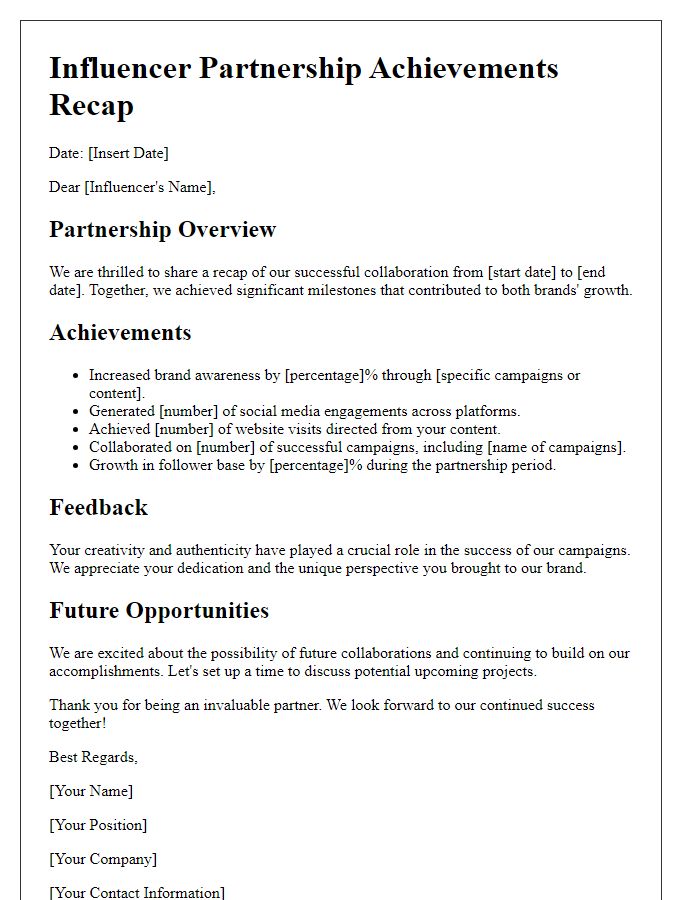 Letter template of influencer partnership achievements recap