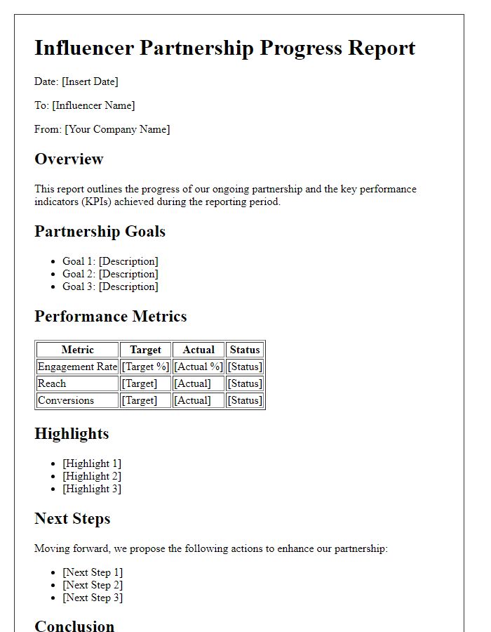 Letter template of influencer partnership progress report