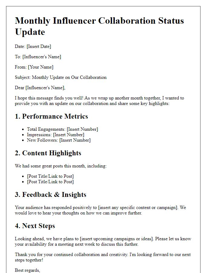 Letter template of monthly influencer collaboration status update