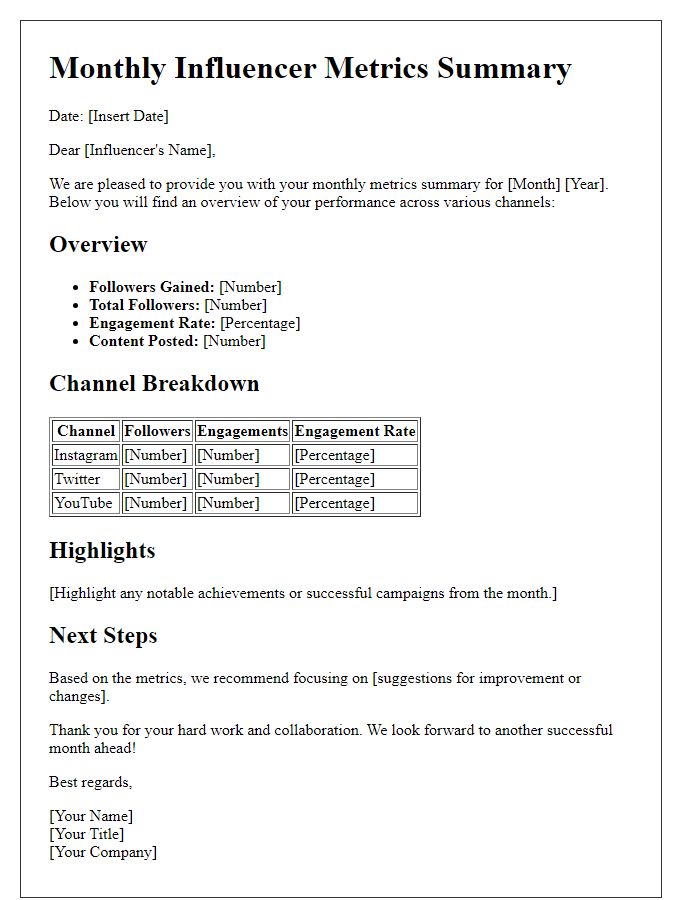 Letter template of monthly influencer metrics summary