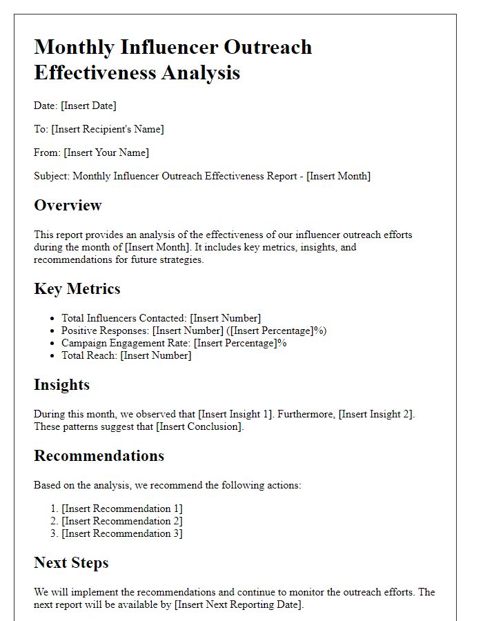 Letter template of monthly influencer outreach effectiveness analysis