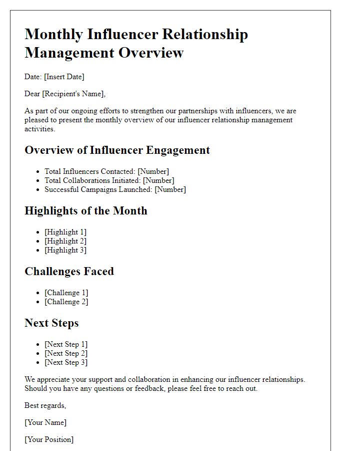 Letter template of monthly influencer relationship management overview