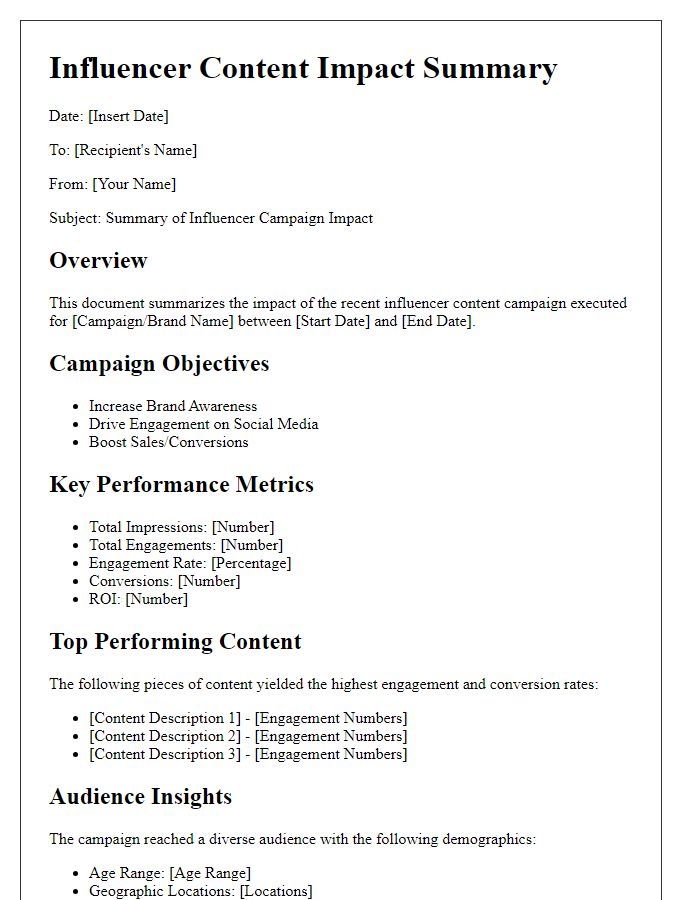 Letter template of influencer content impact summary