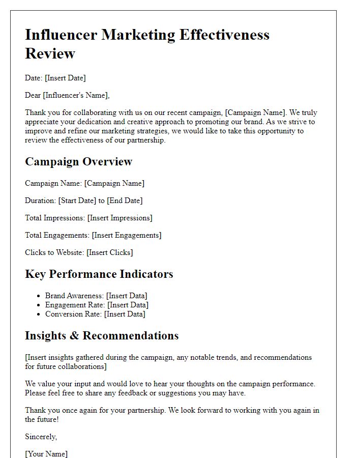 Letter template of influencer marketing effectiveness review