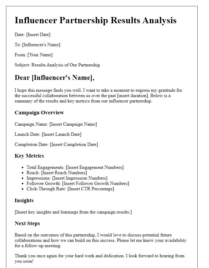 Letter template of influencer partnership results analysis