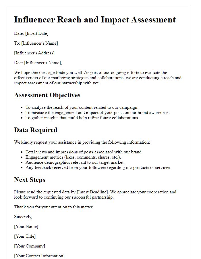 Letter template of influencer reach and impact assessment