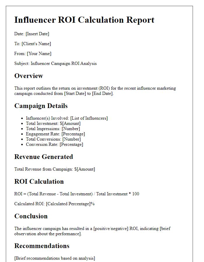 Letter template of influencer ROI calculation report