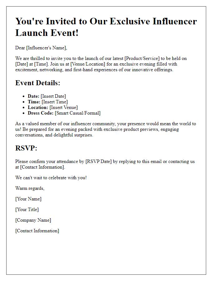 Letter template of exclusive influencer launch event details.