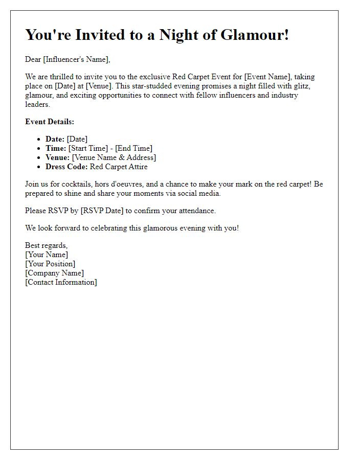 Letter template of influencer red carpet event invitation.