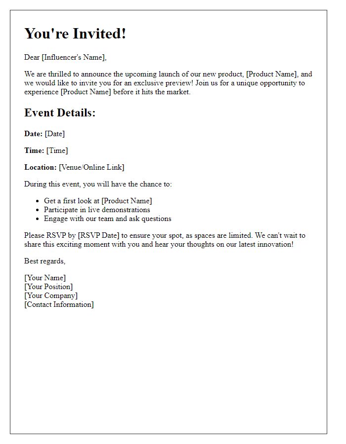 Letter template of Influencer Preview Invitation for New Product