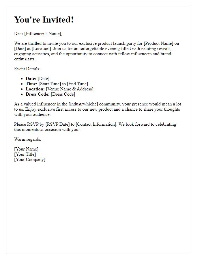 Letter template of Special Invitation to Influencer Product Launch Party