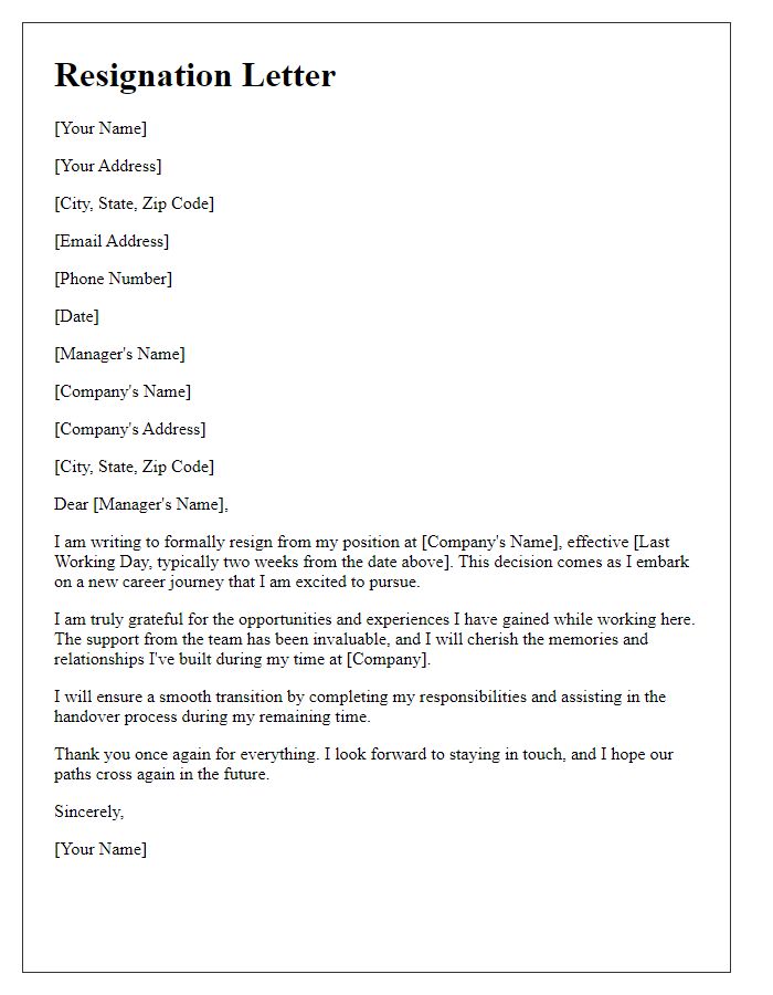 Letter template of resignation for embarking on a new career journey.