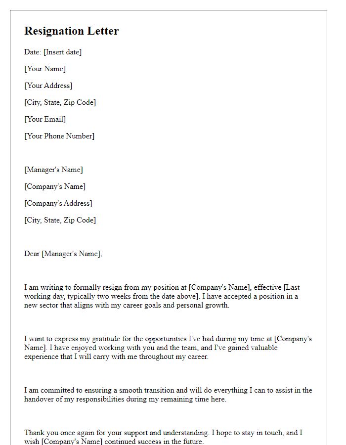 Letter template of resignation for leaving for a new sector.