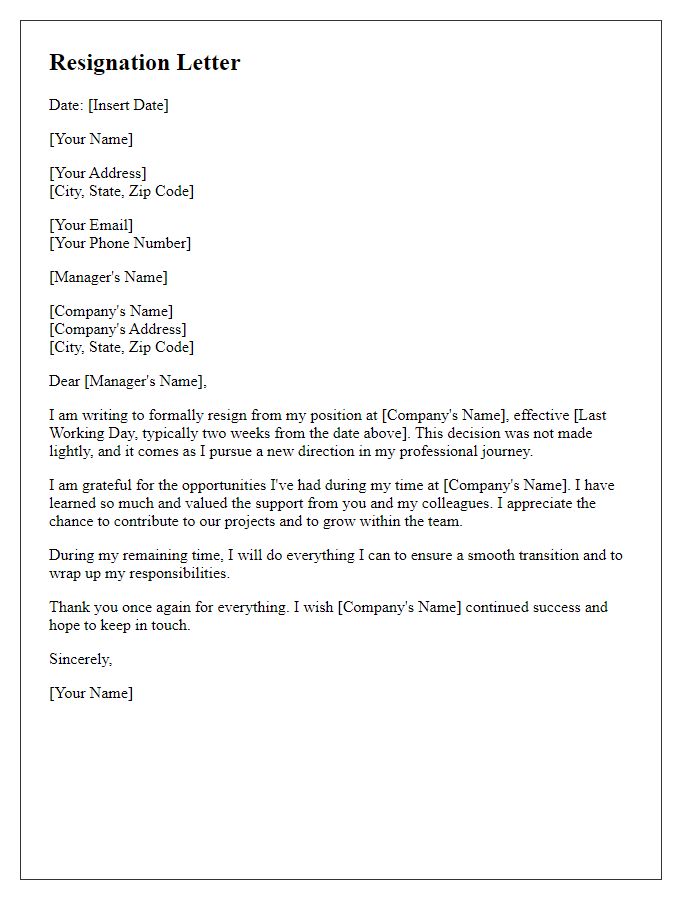 Letter template of resignation for shifting professional paths.