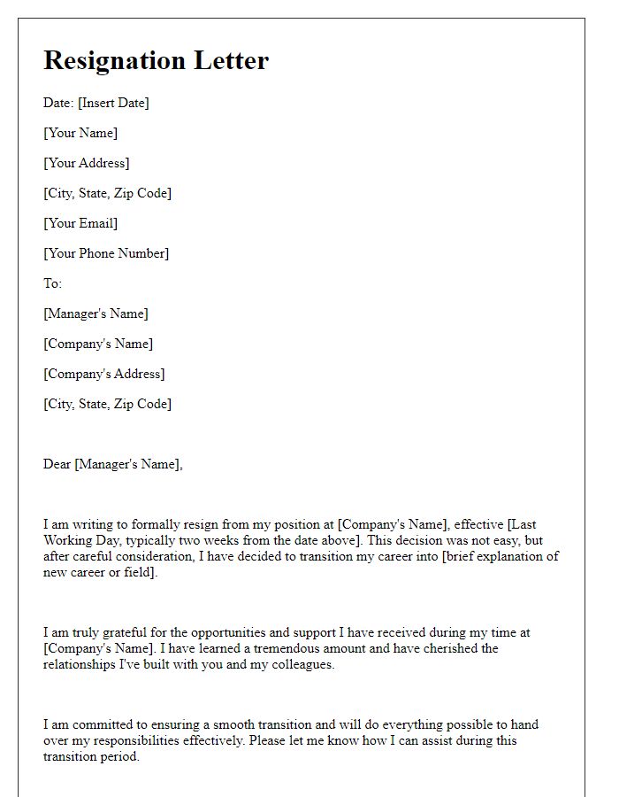 Letter template of resignation for transitioning careers.