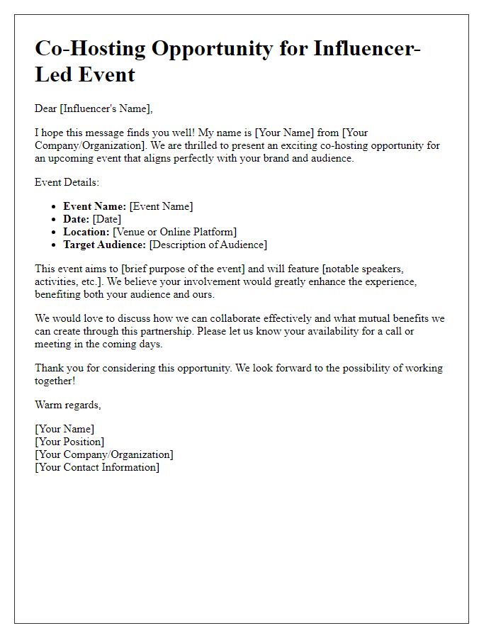 Letter template of co-hosting opportunity for an influencer-led event