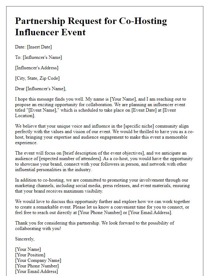 Letter template of partnership request for an influencer event co-hosting