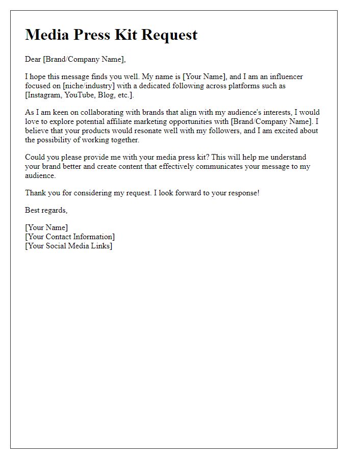 Letter template of influencer media press kit request for affiliate marketing.