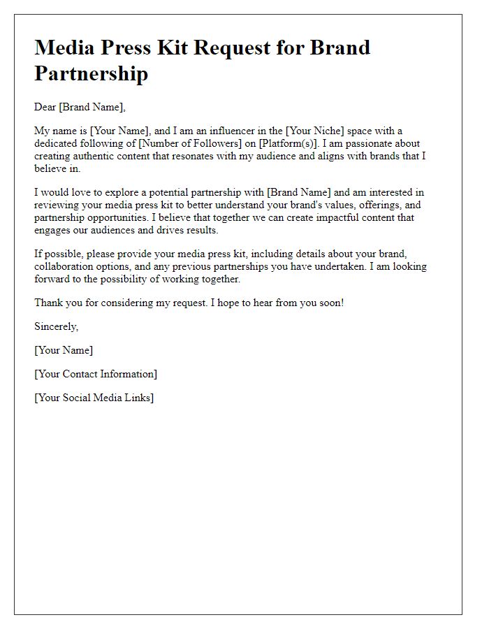 Letter template of influencer media press kit request for brand partnership.