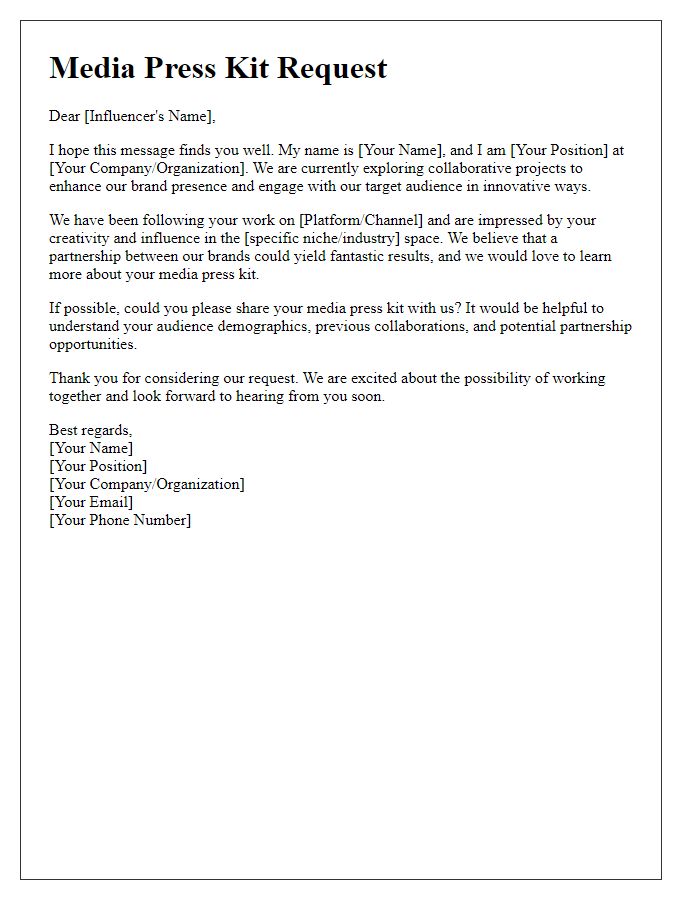 Letter template of influencer media press kit request for collaborative projects.