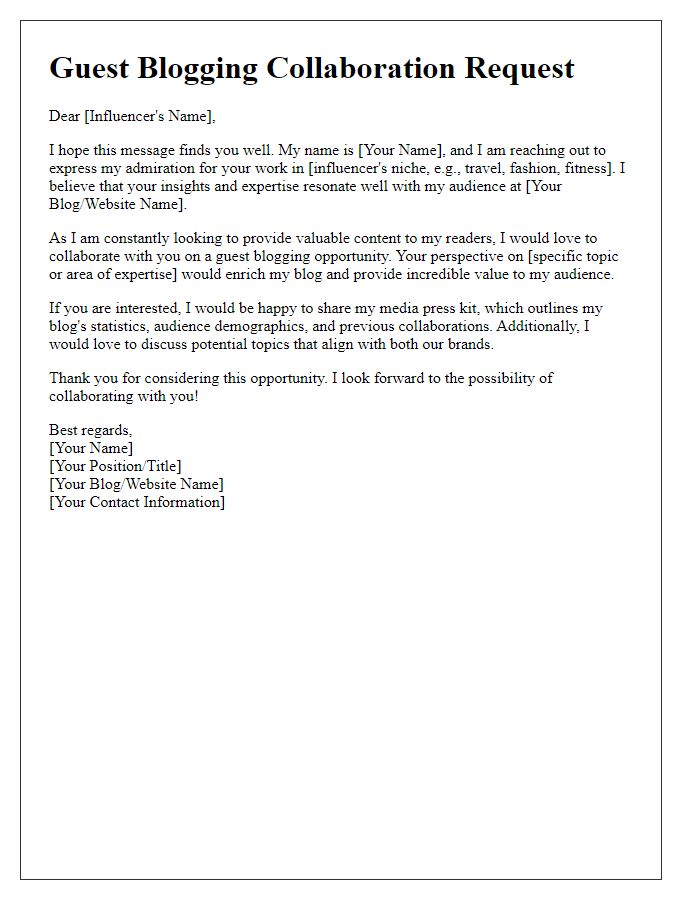 Letter template of influencer media press kit request for guest blogging.