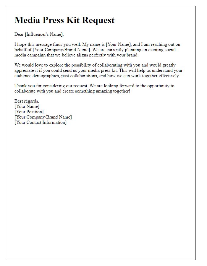 Letter template of influencer media press kit request for social media campaign.