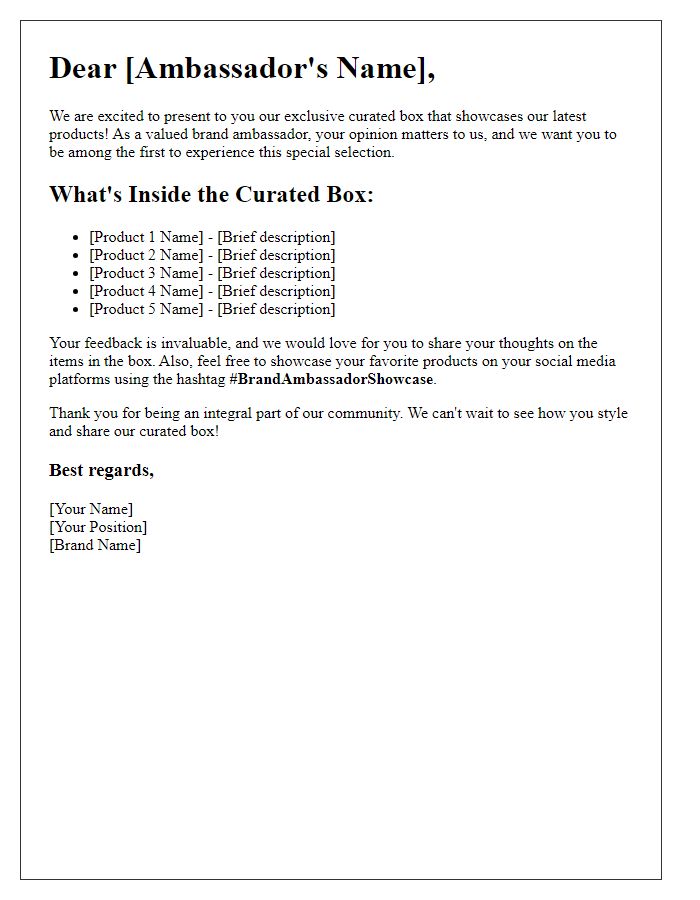 Letter template of curated box showcase for brand ambassadors.