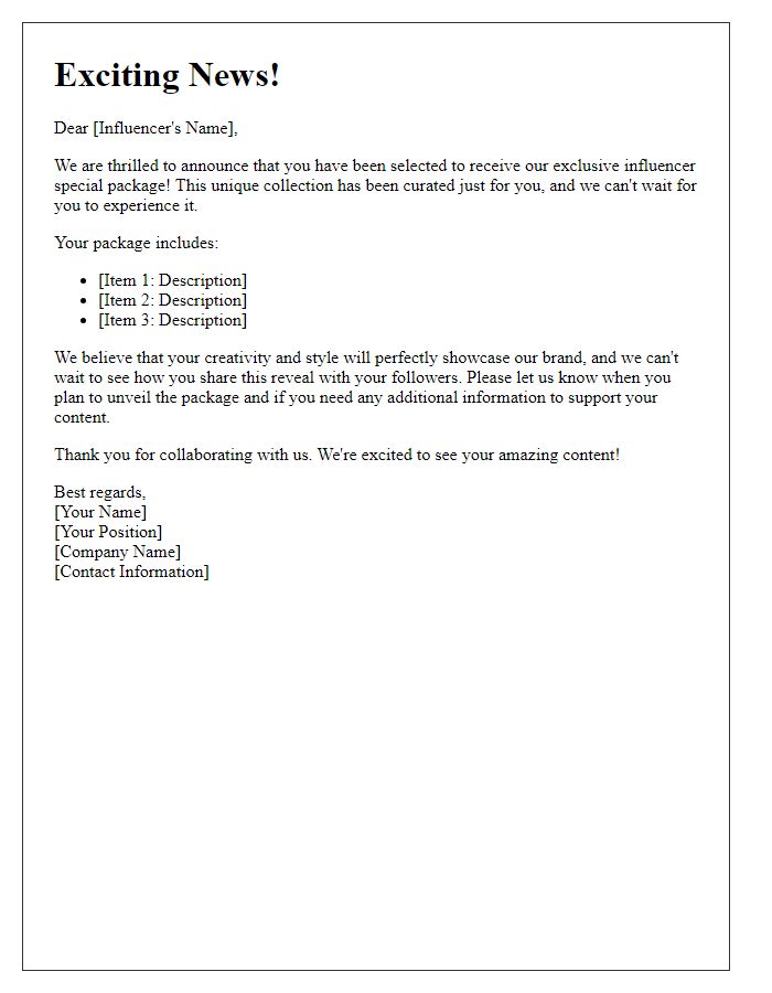 Letter template of influencer special package reveal.