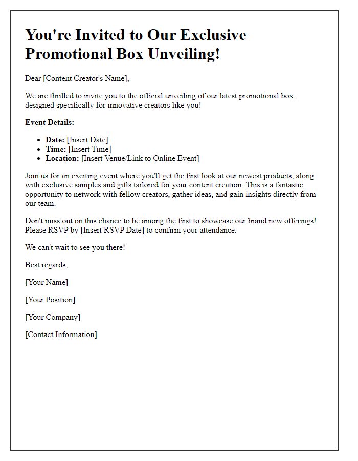 Letter template of promotional box unveiling for content creators.