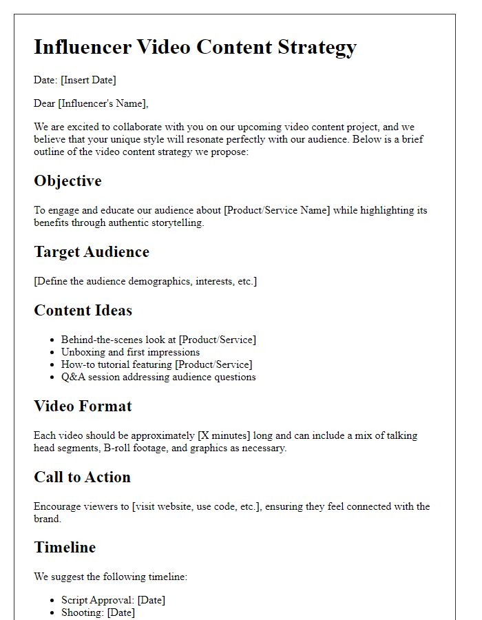 Letter template of influencer video content strategy